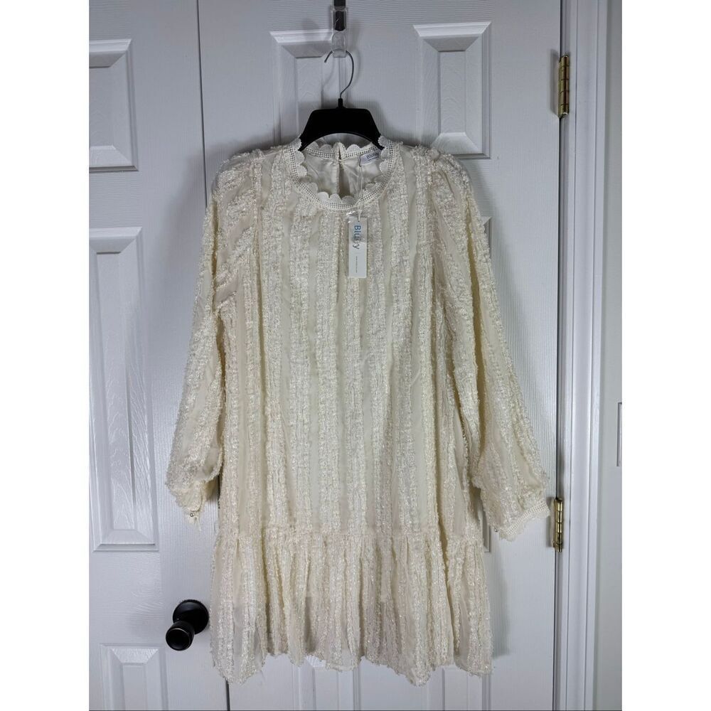 NWT Bluivy Womens Ivory Textured Vertical Stripe Mini Dress With Lace Trim and P